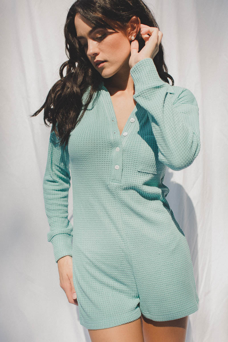 Waffle Knit Cora Romper in Azure