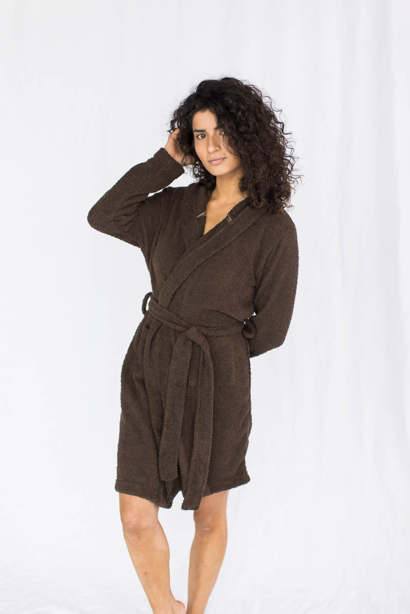 Feather Knit Hooded Lounge Robe in Cocoa